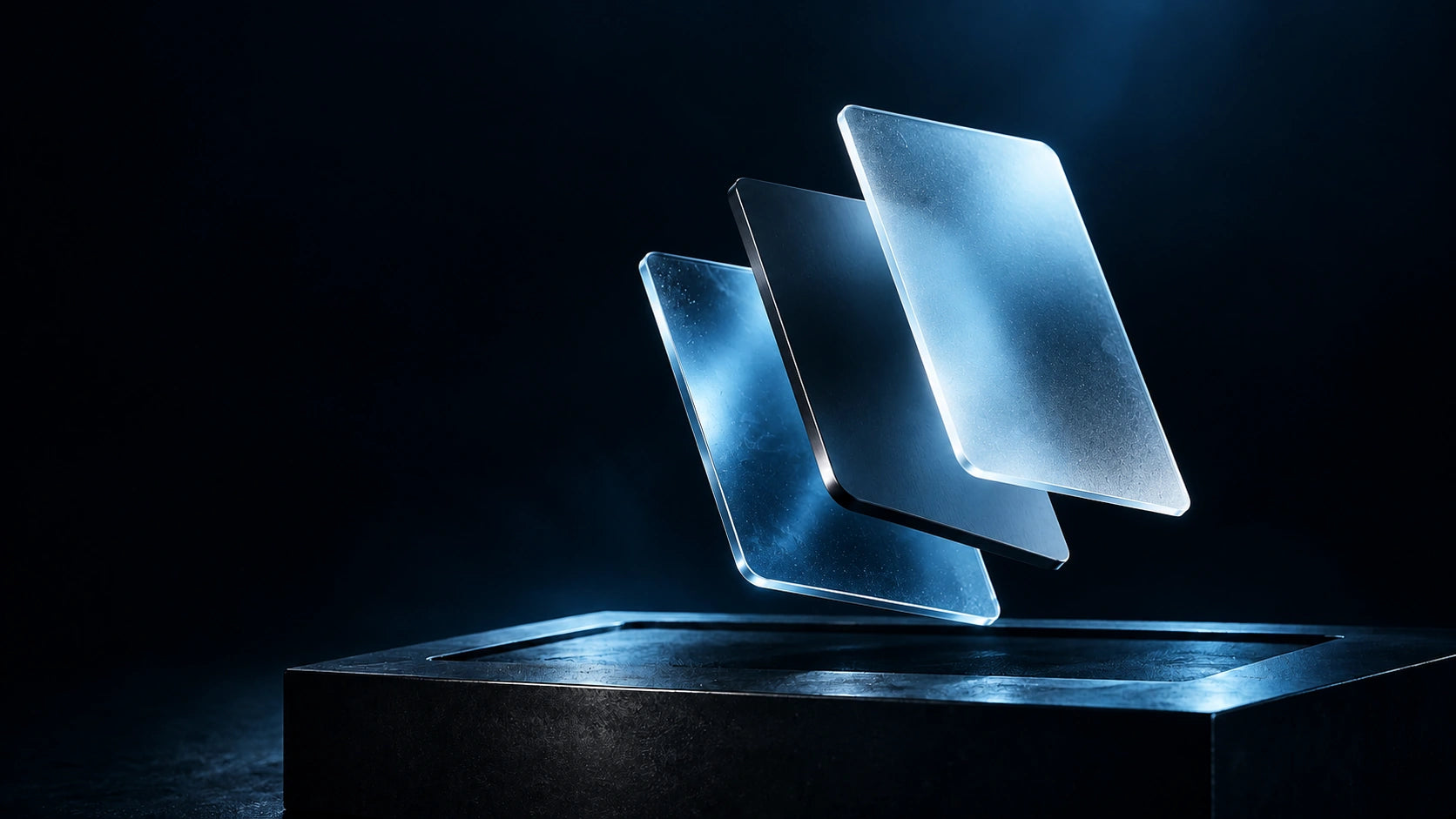 Sculptural layers of optical glass and dark metal
